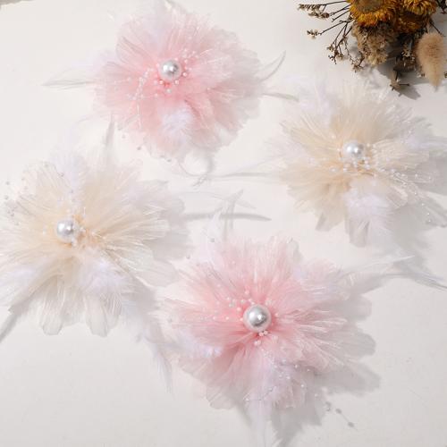 Hair Accessories DIY Findings, Organza, with Feather & Plastic Pearl, Flower, more colors for choice, 135mm, Sold By PC