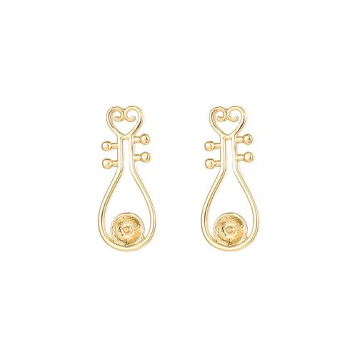 Brass Earring Stud Component with White Shell plated DIY & micro pave cubic zirconia golden Sold By Pair