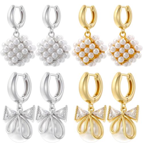 Huggie Hoop Drop Earring, Brass, with Plastic Pearl, plated, different styles for choice & micro pave cubic zirconia & for woman, more colors for choice, Sold By Pair