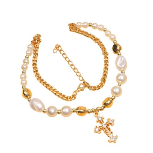 Zinklegierung Schmuck Halskette, mit Kunststoff Perlen, plattiert, Micro pave Zirkonia & für Frau, keine, Länge:38 cm, verkauft von PC