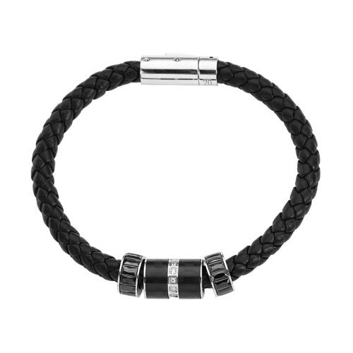 Bracelet d'acier titane, avec cordon en cuir & cristal, poli, normes différentes pour le choix & pavé de micro zircon & pour homme, noire, Vendu par PC