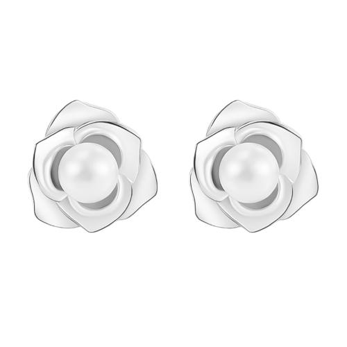 925 Sterling Silver Stud Earrings, with Shell Pearl, Common Camelia, fashion jewelry & for woman, 11x11mm, Sold By Pair
