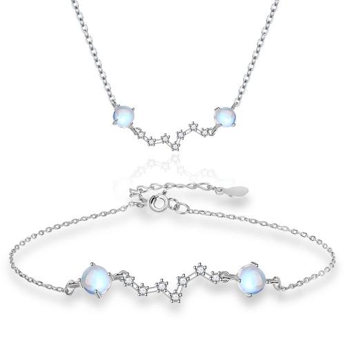 925 Sterling Silver Jewelry Sets bracelet & necklace with Moonstone with 5cm 3cm extender chain fashion jewelry & micro pave cubic zirconia & for woman Length Approx 40 cm Approx 17 cm Sold By Set