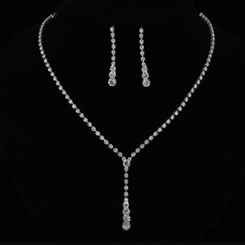 Conjuntos de joyería Rhinestone, pendiente & collar, aleación de zinc, con diamantes de imitación, con 5cm extender cadena, chapado en color de plata, 2 piezas & para mujer, longitud:aproximado 45 cm, Vendido por Set