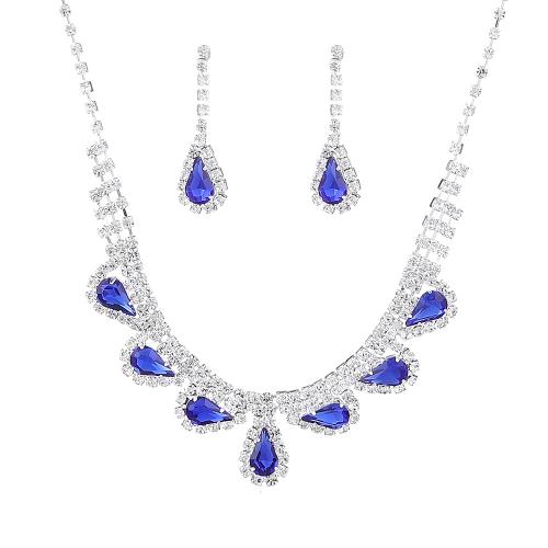 Rhinestone Jewelry Sets, earring & necklace, Brass, with Rhinestone, with 10cm extender chain, silver color plated, 2 pieces & fashion jewelry & for woman, more colors for choice, earring 33*7mm, Length:Approx 45 cm, Sold By Set