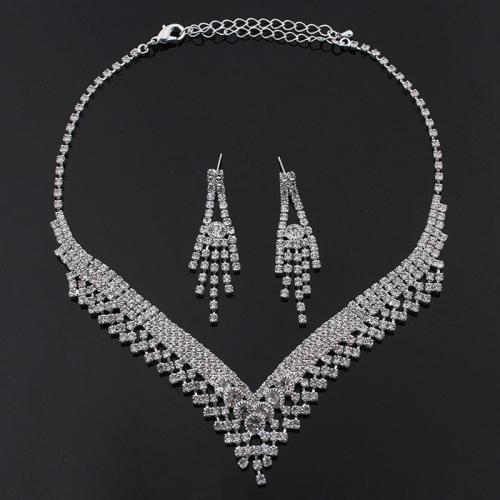 Rhinestone Jewelry Sets, earring & necklace, Tibetan Style, with Rhinestone, with 5cm extender chain, silver color plated, 2 pieces & fashion jewelry & for woman, earring 48*10mm, Length:Approx 45 cm, Sold By Set