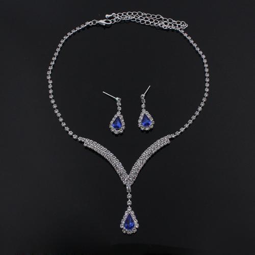 Rhinestone Jewelry Sets, earring & necklace, Tibetan Style, with Rhinestone, with 5cm extender chain, silver color plated, 2 pieces & fashion jewelry & for woman, more colors for choice, earring 25*8mm, Length:Approx 45 cm, Sold By Set