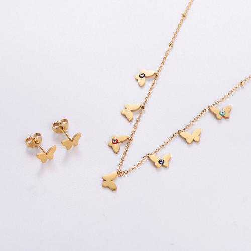 Fashion Stainless Steel Jewelry Sets Stud Earring & necklace 316L Stainless Steel with 5cm extender chain Butterfly 18K gold plated 2 pieces & fashion jewelry & for woman golden Length Approx 40 cm Sold By Bag