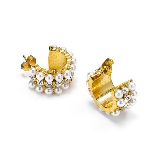 Stainless Steel Stud Earrings 304 Stainless Steel with Plastic Pearl Vacuum Ion Plating fashion jewelry & micro pave cubic zirconia & for woman golden Sold By Pair