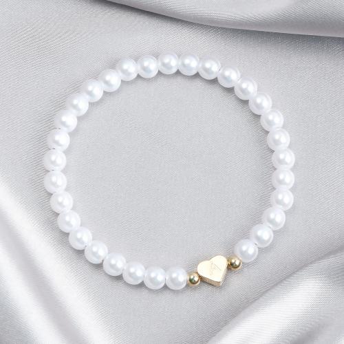 Bracelet en alliage de zinc, avec perle de plastique, coeur, Placage de couleur d'or, pour femme, blanc, Vendu par PC