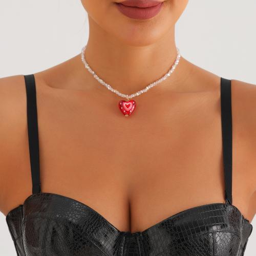 Glass Beads Necklaces Zinc Alloy with Glass Heart gold color plated for woman red nickel lead & cadmium free Sold By PC