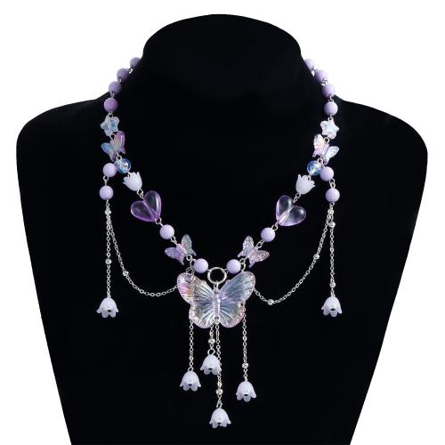 Zinc Alloy smykker halskæde, med Resin, Butterfly, guldfarve belagt, Dobbelt lag & for kvinde, flere farver til valg, nikkel, bly & cadmium fri, Solgt af PC