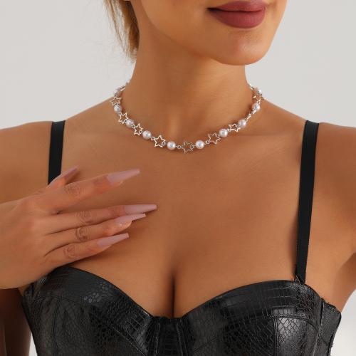 Zinklegierung Schmuck Halskette, mit Kunststoff Perlen, Stern, silberfarben plattiert, für Frau, weiß, frei von Nickel, Blei & Kadmium, verkauft von PC