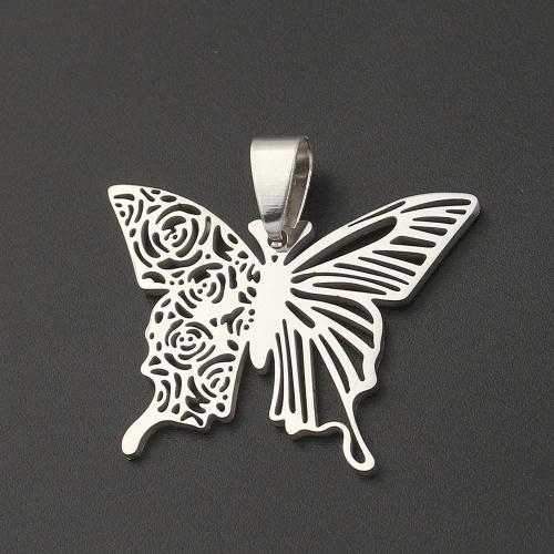 Stainless Steel Animal Pendants, 304 Stainless Steel, Butterfly, plated, DIY, silver color, 32.30x25.30x1.30mm, Sold By PC