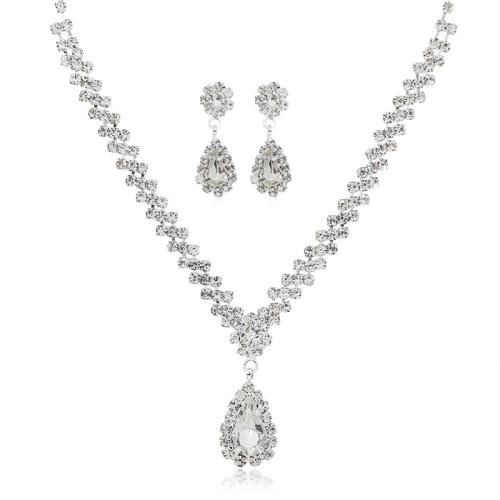 Conjuntos de joyería de aleación de zinc, Pendiente de stud & herramienta collar hilado telar, para mujer & con diamantes de imitación, plateado, Vendido por Set