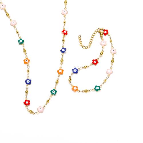 Ensemble de bijoux de mauvais œil, Bracelet & collier, Acier inoxydable 304, fleur, bijoux de mode & styles différents pour le choix & pour femme & émail, multicolore, Vendu par PC