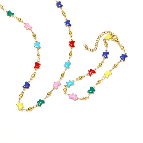 Enamel Stainless Steel Jewelry Set bracelet & necklace 304 Stainless Steel Butterfly Vacuum Ion Plating fashion jewelry & for woman multi-colored Sold By PC