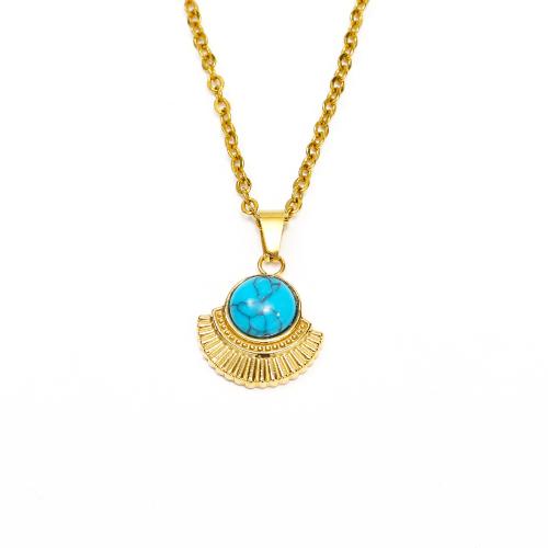 Stainless Steel Jewelry Necklace, 304 Stainless Steel, with turquoise, Vacuum Ion Plating, fashion jewelry & for woman, golden, 15x23mm, Length:Approx 45 cm, Sold By PC