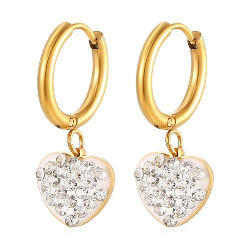 Huggie Hoop Drop Earring, 304 Stainless Steel, Heart, gold color plated, for woman & with rhinestone, more colors for choice, nickel, lead & cadmium free, Sold By Pair