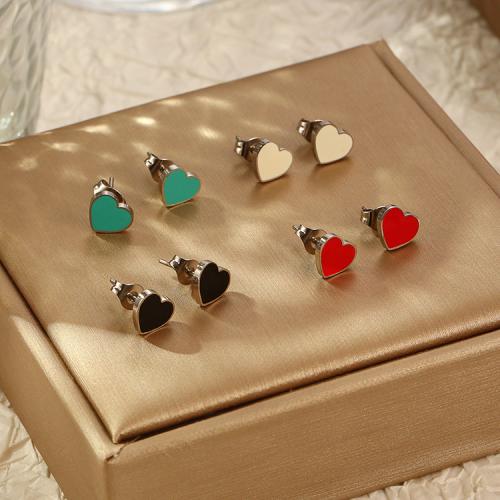 Stainless Steel Stud Earrings, 304 Stainless Steel, Heart, silver color plated, for woman & enamel, more colors for choice, nickel, lead & cadmium free, Sold By Pair