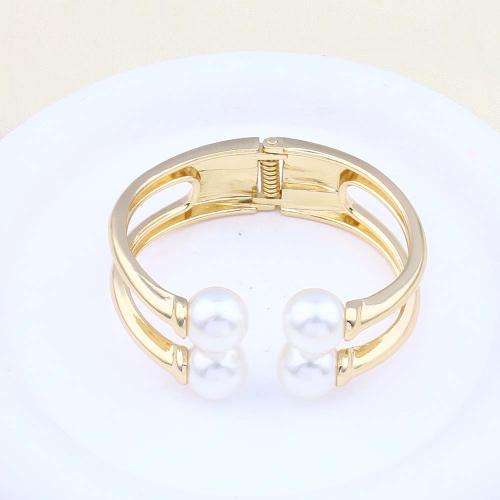 Tibetan Style Bangle, with Plastic Pearl & Iron, plated, fashion jewelry, golden, nickel, lead & cadmium free, 68.50x62x27.60mm, 12PCs/Bag, Sold By Bag