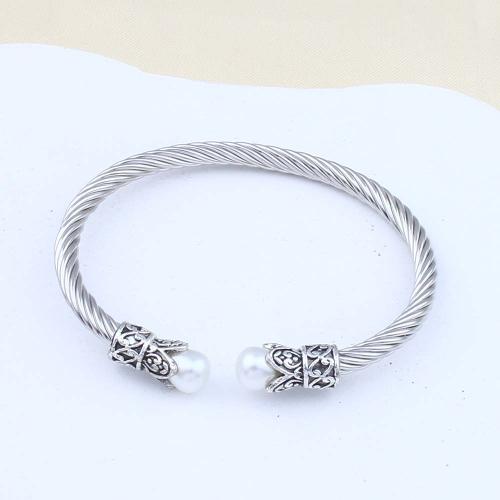 Zinc Alloy Bangle with Plastic Pearl & Iron plated fashion jewelry silver color nickel lead & cadmium free Sold By Bag