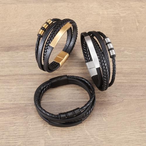 PU Leather Cord Bracelets, 304 Stainless Steel, with PU Leather, plated, fashion jewelry, more colors for choice, Length:22 cm, Sold By PC