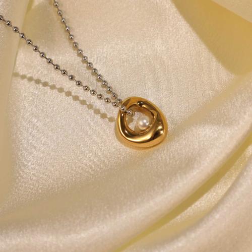 Edelstahl Schmuck Halskette, 304 Edelstahl, mit Kunststoff Perlen, plattiert, für Frau, goldfarben, verkauft von PC