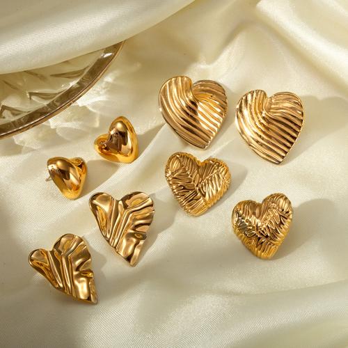 Stainless Steel Stud Earrings 304 Stainless Steel Heart plated & for woman golden Sold By Pair