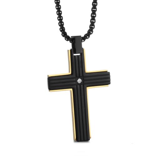 Titanium Steel Pendants Cross polished & micro pave cubic zirconia black Sold By PC