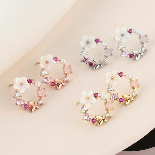 Brass Stud Earring with Resin & Plastic Pearl Flower plated for woman & with rhinestone 12mm Sold By Pair