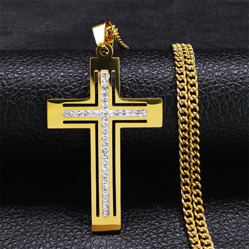 Stainless Steel Sweater Chain Necklace, 304 Stainless Steel, Cross, fashion jewelry & for man & with rhinestone, golden, 46x30mm, Length:Approx 60 cm, Sold By PC