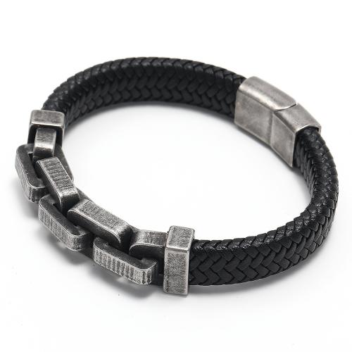 Bijoux bracelet en acier inoxydable, cuir PU, avec Acier inoxydable 304, le style de punk & pour homme, noire, 13mm, Longueur:22 cm, Vendu par PC