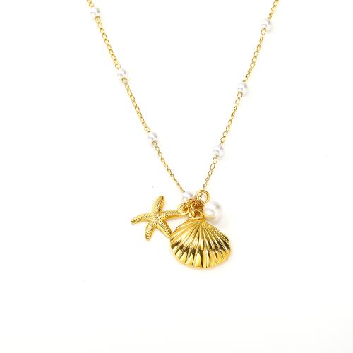 Edelstahl Schmuck Halskette, 304 Edelstahl, mit Kunststoff Perlen, Schale, Modeschmuck & für Frau, goldfarben, Länge:ca. 45 cm, verkauft von PC