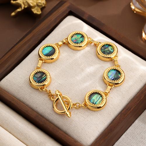 Brass Bracelet & Bangle, with Abalone Shell, Round, gold color plated, for woman, nickel, lead & cadmium free, Length:19 cm, Sold By PC