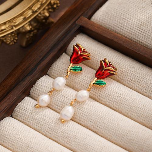 Brass Drop Earring, with Freshwater Pearl, Rose, gold color plated, for woman & enamel, red, nickel, lead & cadmium free, 41.60x11.60mm, Sold By Pair