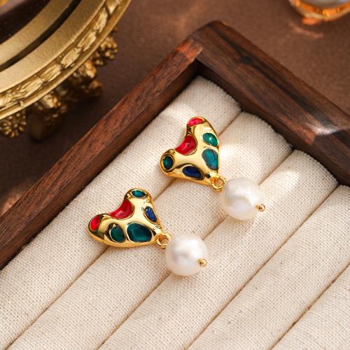 Brass Drop Earring, with Freshwater Pearl, gold color plated, for woman & enamel, mixed colors, nickel, lead & cadmium free, 33.40x17.80mm, Sold By Pair