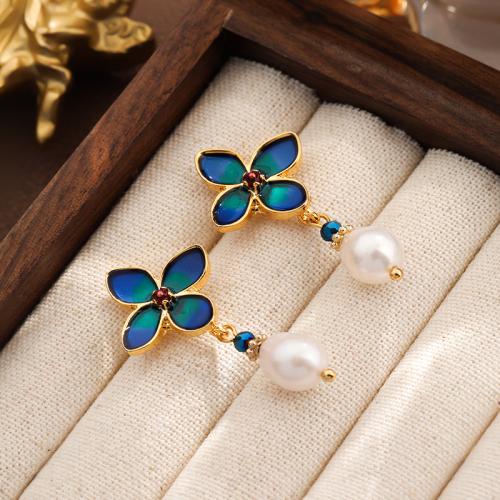 Brass Drop Earring, with Freshwater Pearl, Flower, gold color plated, for woman & enamel, blue, nickel, lead & cadmium free, 18x36mm, Sold By Pair
