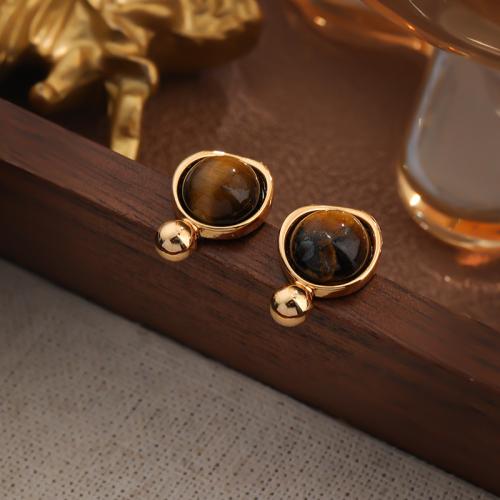 Brass Stud Earring, with Tiger Eye, Round, gold color plated, for woman, brown, nickel, lead & cadmium free, 10x14mm, Sold By Pair