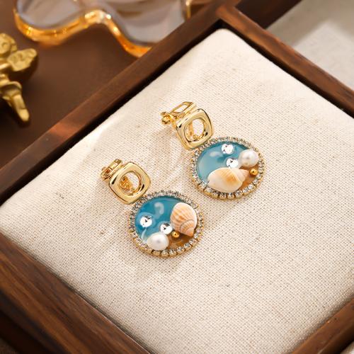 Brass Drop Earring with Shell & Freshwater Pearl Round gold color plated for woman & enamel & with rhinestone mixed colors nickel lead & cadmium free Sold By Pair
