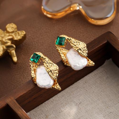 Brass Stud Earring with Cubic Zirconia & Freshwater Pearl gold color plated for woman mixed colors nickel lead & cadmium free Sold By Pair