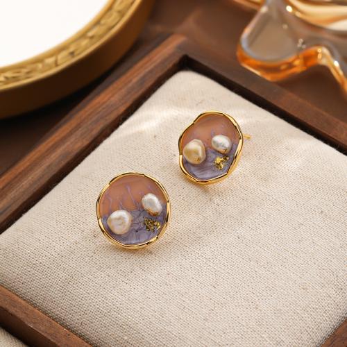 Brass Stud Earring with Freshwater Pearl gold color plated for woman & enamel mixed colors nickel lead & cadmium free Sold By Pair