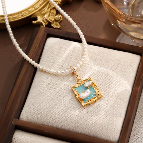 Brass Necklace, with Freshwater Pearl, with 5.5CM extender chain, gold color plated, for woman & enamel, mixed colors, nickel, lead & cadmium free, Length:41 cm, Sold By PC