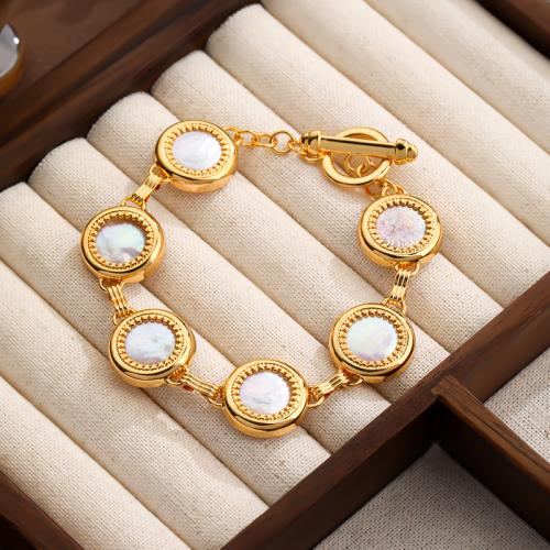 Brass Bracelet & Bangle, with Abalone Shell, gold color plated, for woman, white, nickel, lead & cadmium free, Length:19 cm, Sold By PC