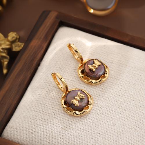 Brass Drop Earring, with Freshwater Pearl, gold color plated, for woman, nickel, lead & cadmium free, 17.40x31mm, Sold By Pair