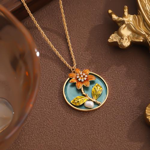 Messing Halskette, mit Verlängerungskettchen von 6.5CM, Blume, goldfarben plattiert, für Frau & Emaille, gemischte Farben, frei von Nickel, Blei & Kadmium, Länge:51.5 cm, verkauft von PC