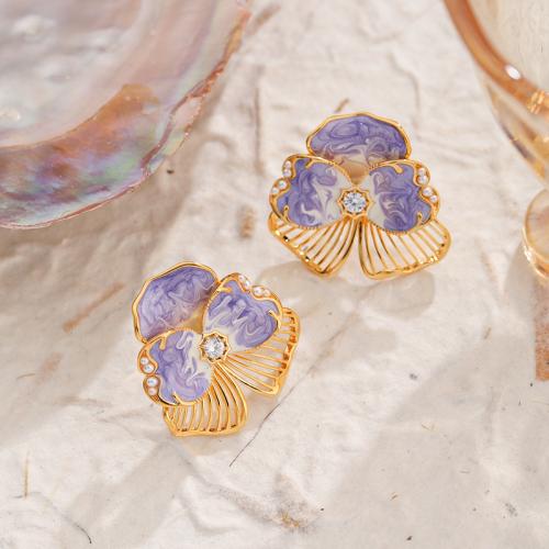 Brass Stud Earring, with Cubic Zirconia, Flower, gold color plated, for woman & enamel, purple, nickel, lead & cadmium free, 26.80x28.30mm, Sold By Pair