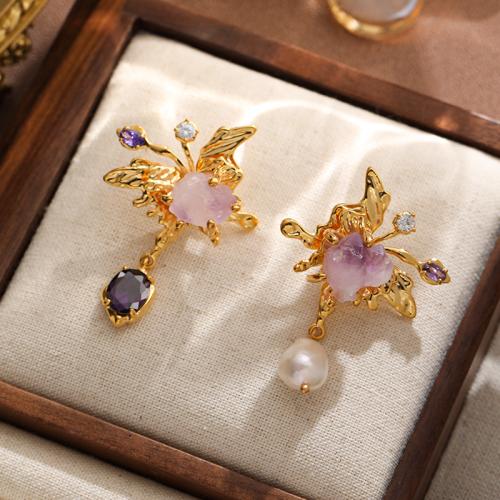 Brass Drop Earring, with Cubic Zirconia & Freshwater Pearl & Glass, Butterfly, gold color plated, for woman, purple, nickel, lead & cadmium free, 27.50x50mm, Sold By Pair