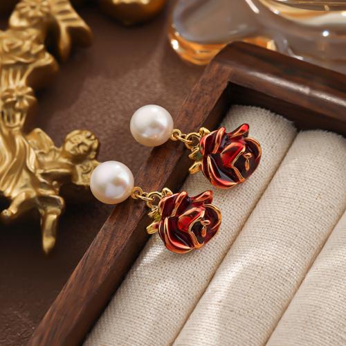 Brass Drop Earring with Freshwater Pearl Flower gold color plated for woman nickel lead & cadmium free Sold By Pair
