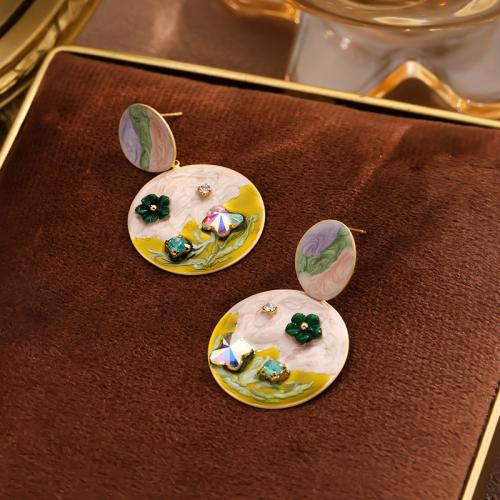 Boucles d'oreilles pendantes en laiton, avec zircon cubique, Rond, Placage de couleur d'or, pour femme & émail, vert, protéger l'environnement, sans nickel, plomb et cadmium, 24x38mm, Vendu par paire